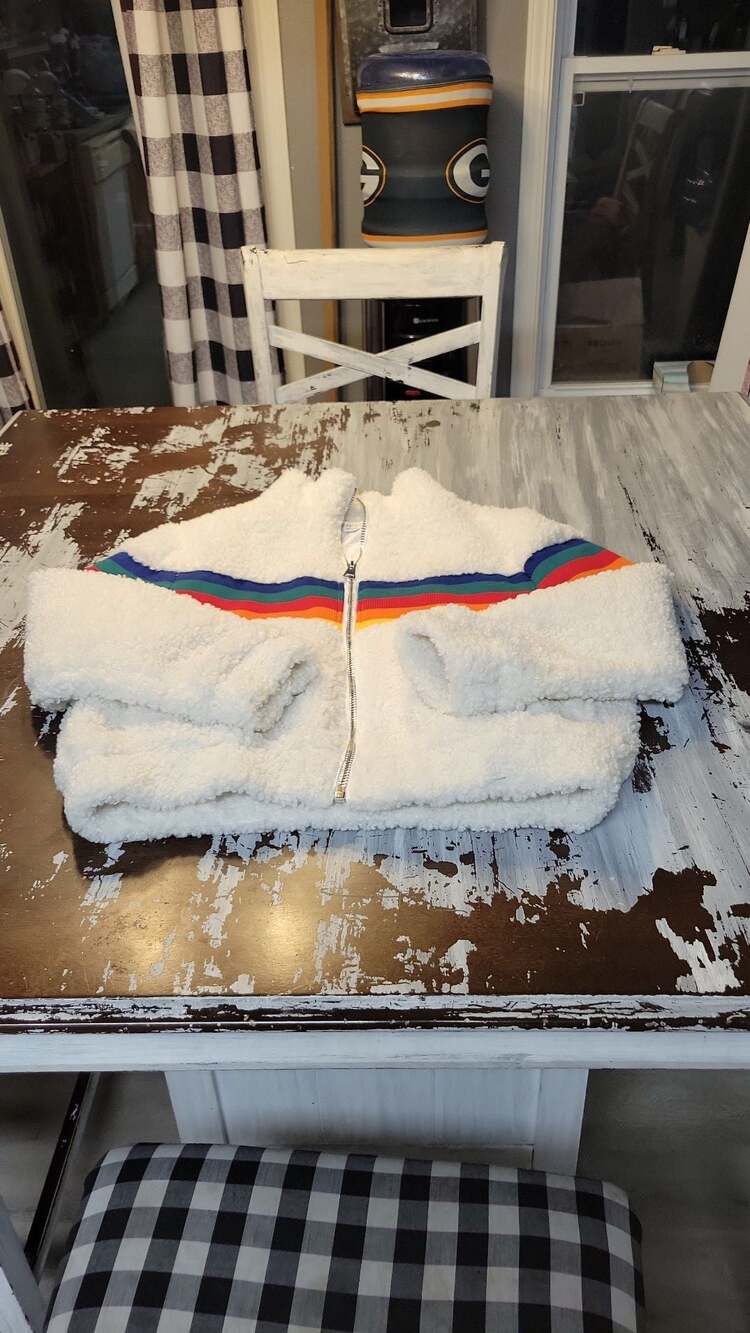 Paper Crane Rainbow Stripe Sherpa Zip-Up Jacket, Size Small